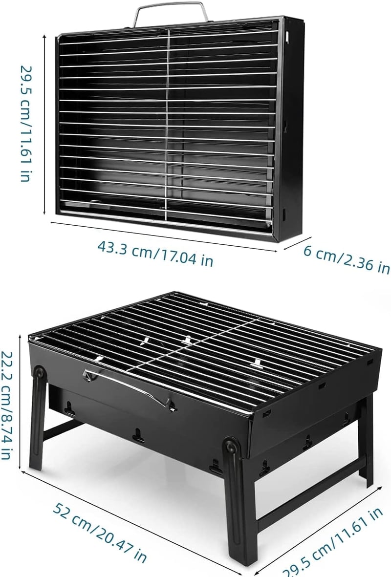 Uten Hordozható Szenes Grill, Rozsdamentes Acél BBQ Smoker Grillsütő Kempingezéshez és Kerti Sütéshez, Fekete Közepes Méret