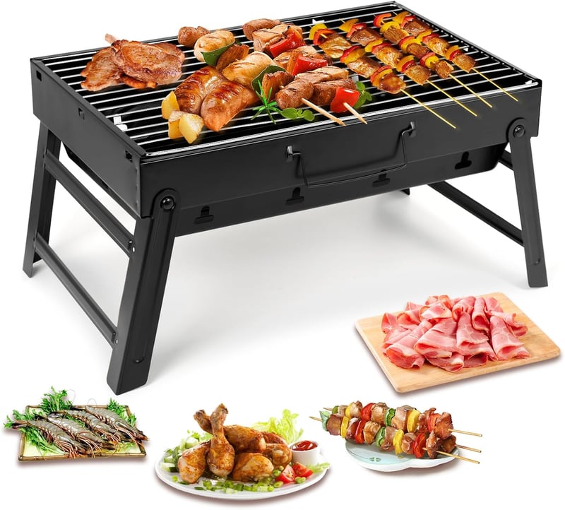Uten Hordozható Szenes Grill, Rozsdamentes Acél BBQ Smoker Grillsütő Kempingezéshez és Kerti Sütéshez, Fekete Közepes Méret