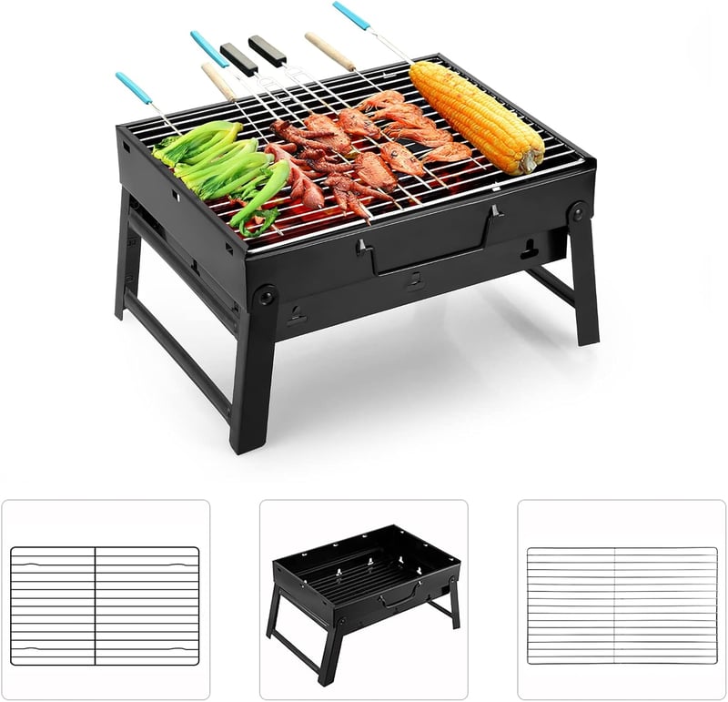 Uten Hordozható Szenes Grill, Rozsdamentes Acél BBQ Smoker Grillsütő Kempingezéshez és Kerti Sütéshez, Fekete Közepes Méret