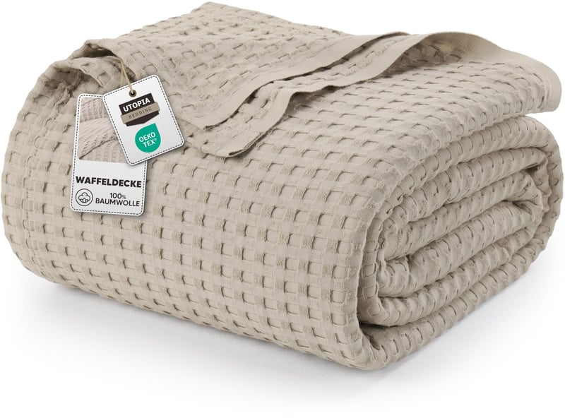 Utopia Bedding 100% bavlnená vaflová prikrývka khaki 228x182 cm – mäkká, ľahká, priedušná deka na posteľ alebo pohovku na všetky ročné obdobia 300 GSM