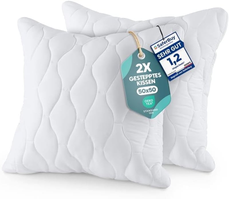 Utopia Bedding 50x50 cm párna szett (2 db), fehér steppelt díszpárna - 50 x 50 cm (2er Pack), 2, White