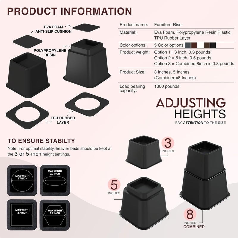Utopia Bedding Bútorlábak 8 db-os szett 5-9 cm magasítható fekete