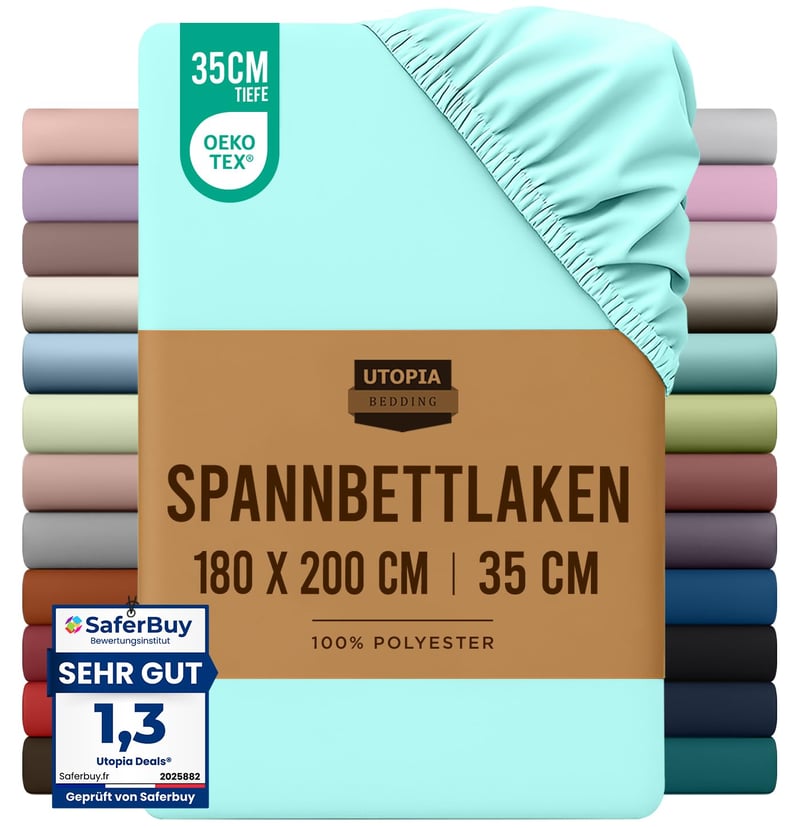 Utopia Bedding napínacie prestieradlo 180x200 cm, spa modrá, 35 cm hlboký lem, brúsený polyester z mikrovlákna, certifikát Oeko-Tex