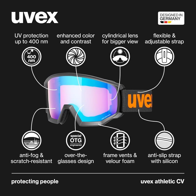 uvex Athletic CV Síszemüveg Felnőtteknek - Fekete/Kék-Narancs, Kategória 2 Szűrő, Páramentes, UV-Védelemmel, Snowboardozáshoz is