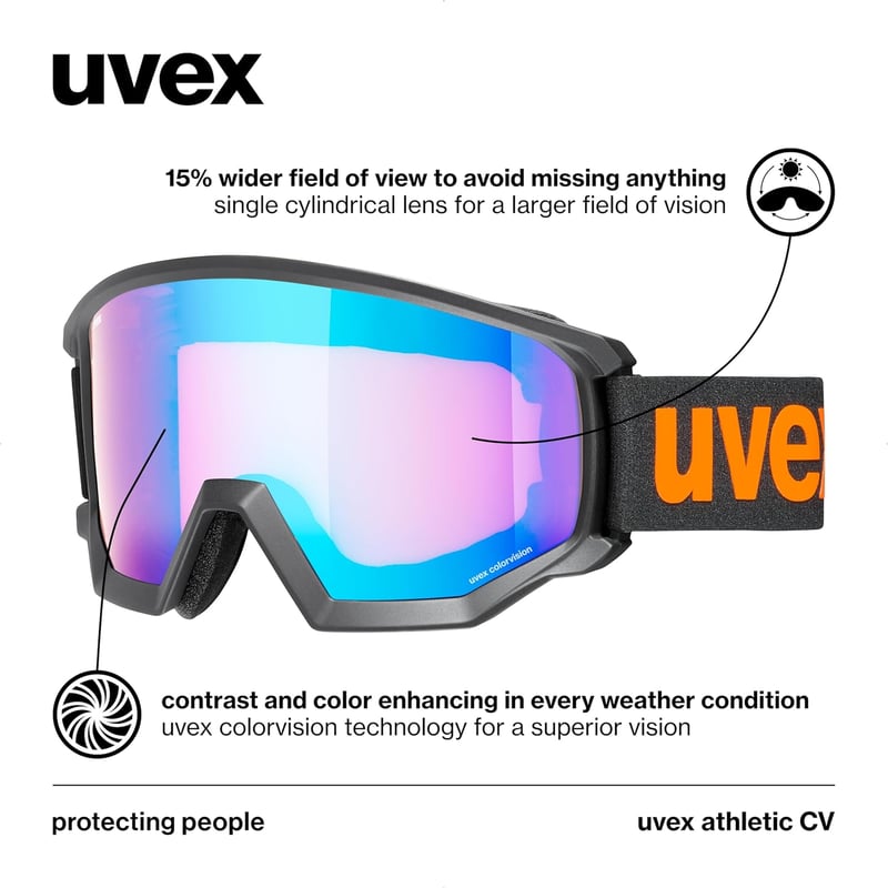 uvex Athletic CV Síszemüveg Felnőtteknek - Fekete/Kék-Narancs, Kategória 2 Szűrő, Páramentes, UV-Védelemmel, Snowboardozáshoz is