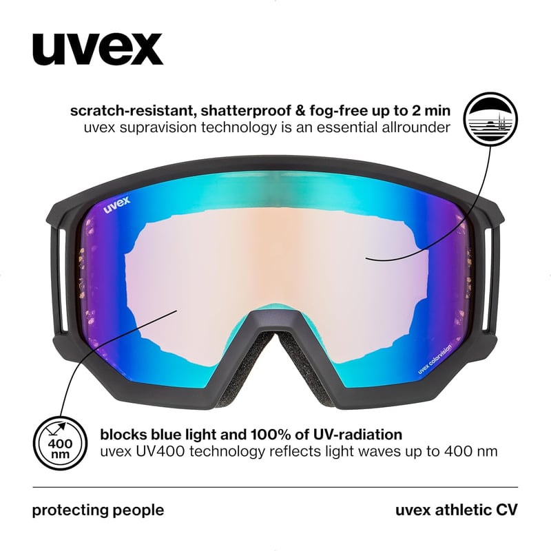 uvex Athletic CV Síszemüveg Felnőtteknek - Fekete/Kék-Narancs, Kategória 2 Szűrő, Páramentes, UV-Védelemmel, Snowboardozáshoz is