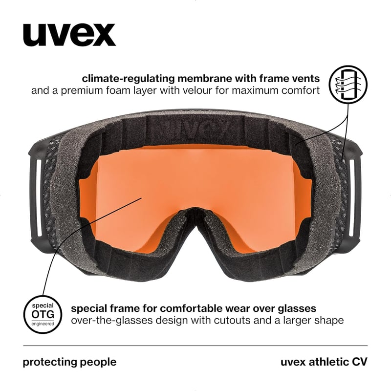 uvex Athletic CV Síszemüveg Felnőtteknek - Fekete/Kék-Narancs, Kategória 2 Szűrő, Páramentes, UV-Védelemmel, Snowboardozáshoz is