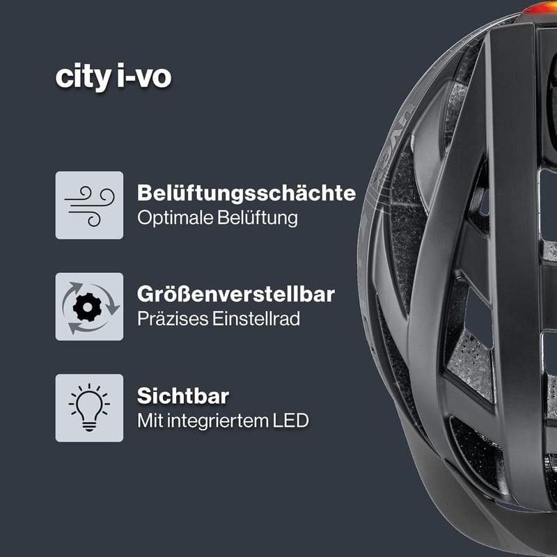 Uvex City i-vo könnyű város kerékpáros sisak LED fénnyel unisex - 52 - 57 cm, All Black Matte, Gen. 2 UK