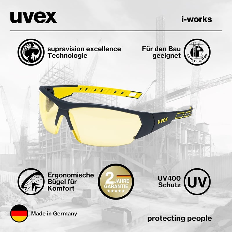 Uvex i-Works Védőszemüveg Karcolásálló Páramentesítő Munkavédelmi Szemüveg UV400 Védelem Fekete Sárga