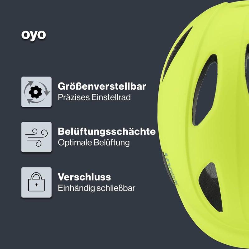 Uvex Oyo gyerek kerékpáros sisak LED világítással és oldalsó védelemmel - 50-54 cm, neon yellow-moss green matt