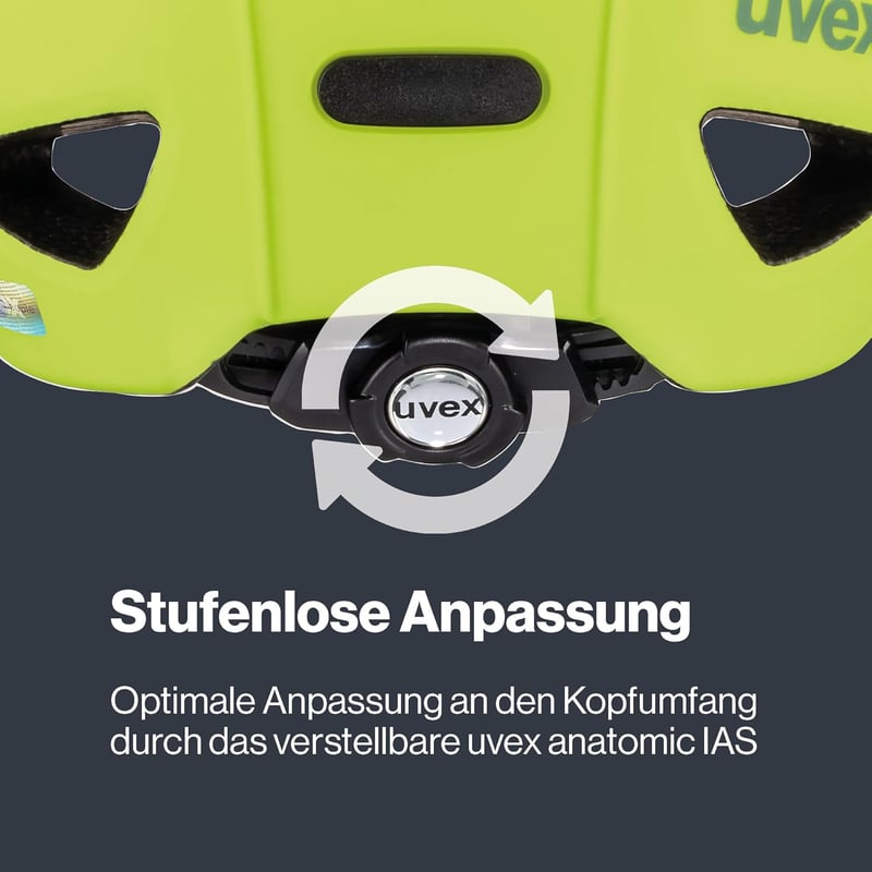 Uvex Oyo gyerek kerékpáros sisak LED világítással és oldalsó védelemmel - 45-50 cm, neon yellow-moss green matt