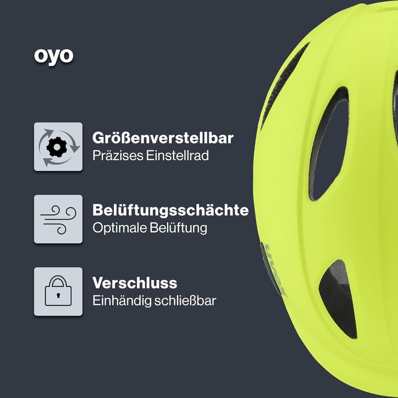 Uvex Oyo gyerek kerékpáros sisak LED világítással és oldalsó védelemmel - 45-50 cm, neon yellow-moss green matt