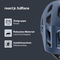Detská celotvárová cyklistická prilba Uvex React Jr., matná dusk blue, obvod hlavy 52-56 cm, polykarbonátová škrupina s jadrom EPS, s individuálnym nastavením veľkosti 2