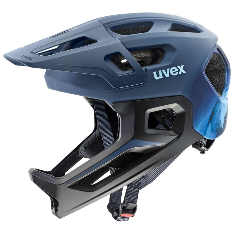 Detská celotvárová cyklistická prilba Uvex React Jr., matná dusk blue, obvod hlavy 52-56 cm, polykarbonátová škrupina s jadrom EPS, s individuálnym nastavením veľkosti