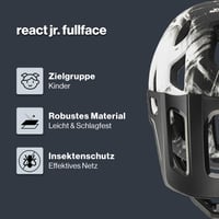 Detská celotvárová cyklistická prilba Uvex React Jr., matná čierno-biela, 52-56 cm, individuálne nastavenie veľkosti, polykarbonátová škrupina s jadrom EPS 2