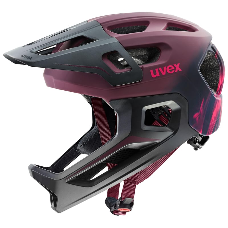 Detská MTB cyklistická prilba Uvex React Jr. Fullface s odnímateľným chráničom brady, individuálnym nastavením veľkosti, matná brusnicová, 52-56 cm
