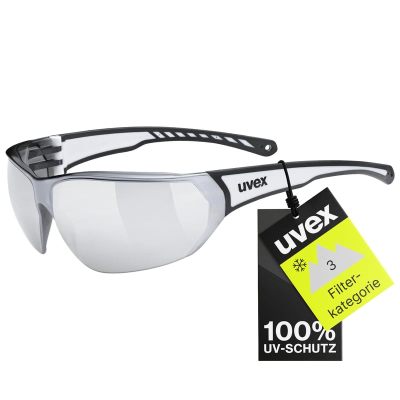 Športové okuliare Uvex Sportstyle 204 Unisex - čierno-biele/strieborné, 100% UV ochrana, pohodlné nosenie bez tlaku