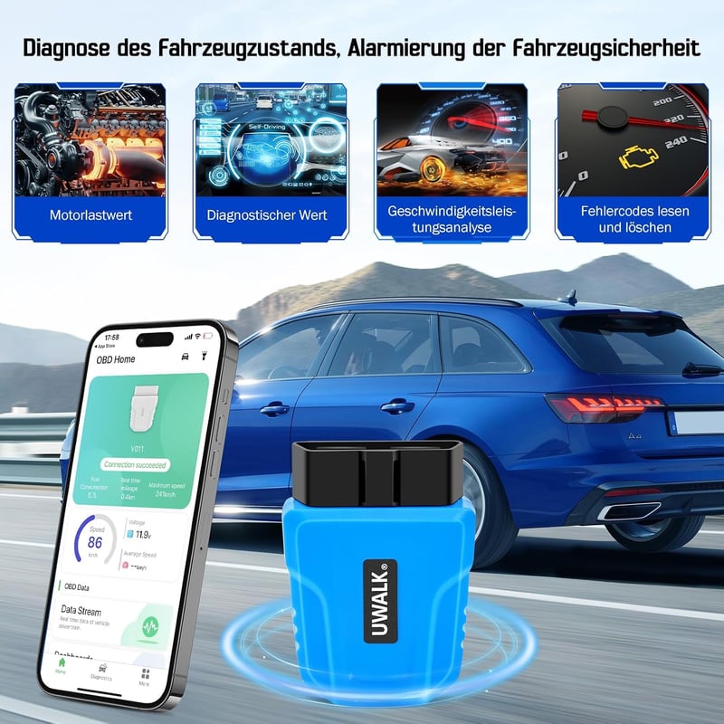 UWALK Bluetooth 5.4 OBD2 diagnosztikai adapter OBDII hibakód olvasó autóhoz iOS Android Windows kompatibilis