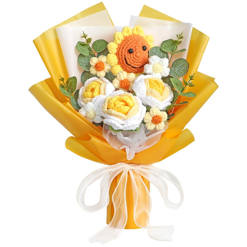 Buchet de Floarea-soarelui Croșetat UXORSN Decorațiune cu Flori Artificiale Lucrate Manual Buchet de Floarea-soarelui Zâmbitor
