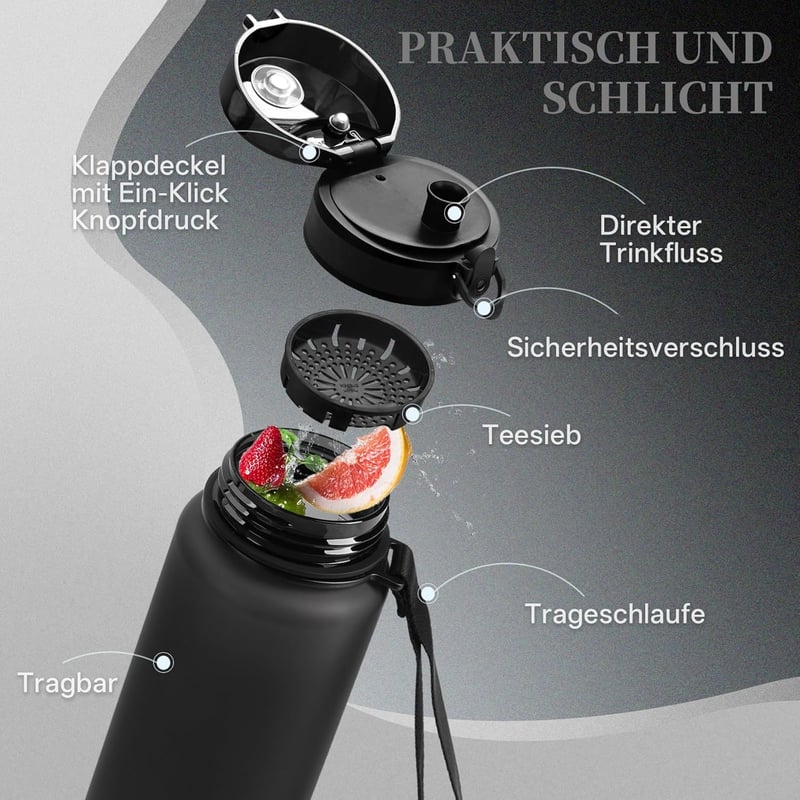 UZSPACE Gyerek Sportkulacs 500ml-1L Tritan BPA-mentes Szódavízhez - 1000ml, Classic Black