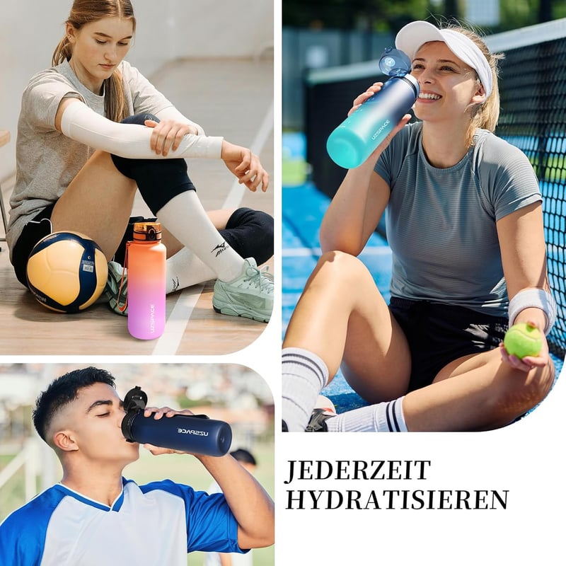UZSPACE Gyerek Sportkulacs 500ml-1L Tritan BPA-mentes Szódavízhez - 1000ml, Classic Black