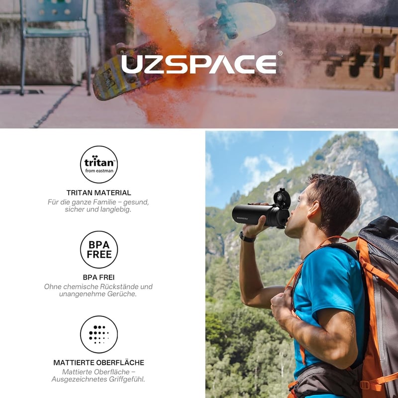 UZSPACE Gyerek Sportkulacs 500ml-1L Tritan BPA-mentes Szódavízhez - 1000ml, Classic Black
