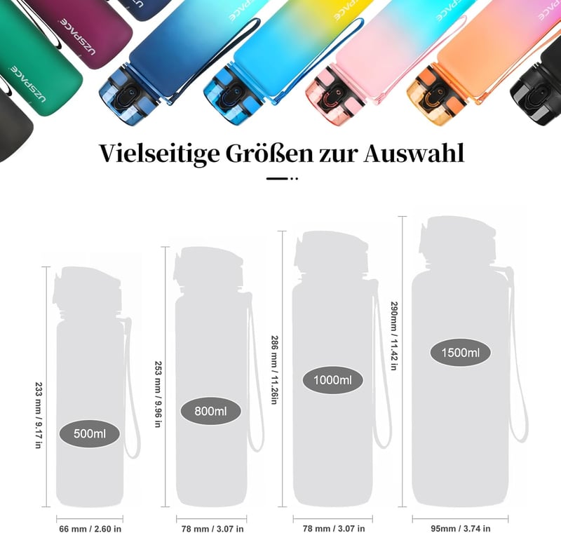 UZSPACE Gyerek Sportkulacs 500ml-1L Tritan BPA-mentes Szódavízhez - 1000ml, Classic Black