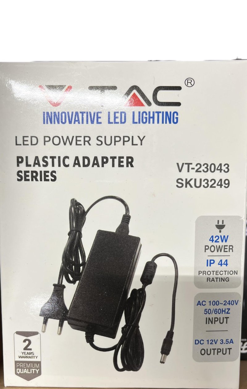 Sursă de alimentare V-TAC 12V 42W 3,5A pentru camere și benzi LED, AC 100-240V, mufă euro, negru
