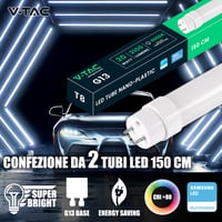 V-TAC 2ks LED trubica 150 cm T8 20W 2100 lúmenov so čipom Samsung pätica G13 6500K studená biela stropná nástenná náhrada za neónovú trubicu do garáže 2