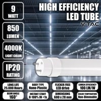 V-TAC 2ks LED trubica 60 cm T8 G13 9W CREE čip 850 lúmenov neutrálna biela 4000K stropná nástenná do garáže náhrada za neónovú trubicu 5