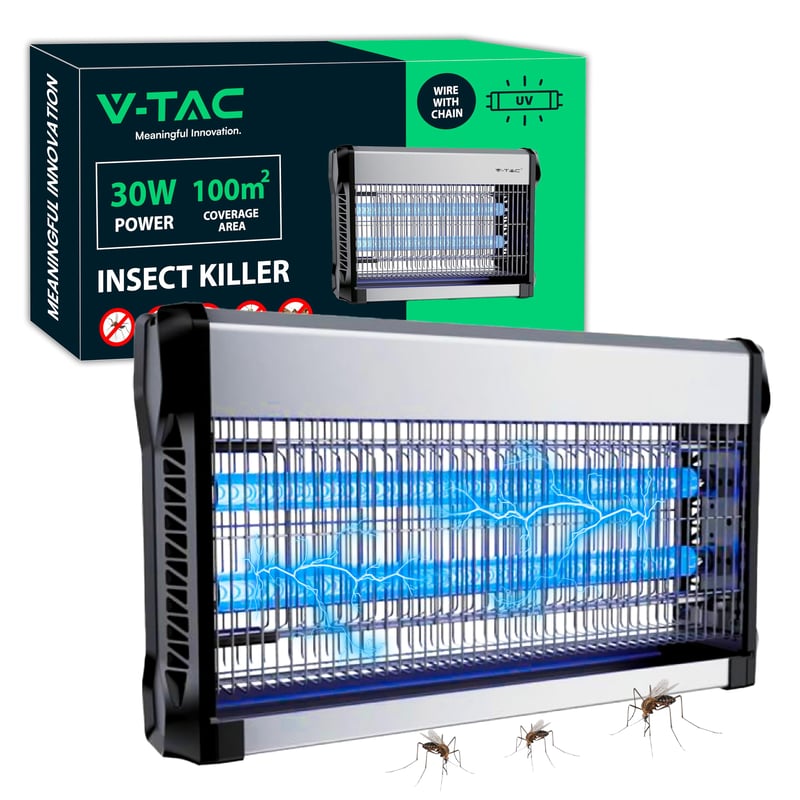 V-TAC 30W Elektromos Rovarcsapda UV LED Fénnyel - 100 m² Hatótávolság - Slim Design - Beltéri és Kültéri Szúnyogirtó