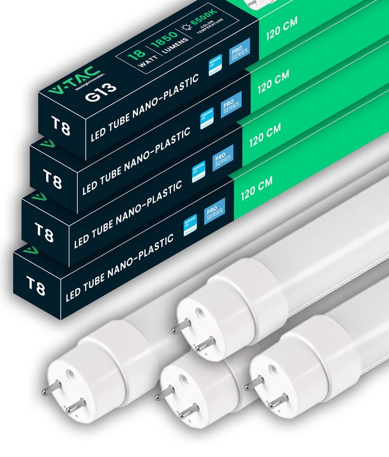 V-TAC 4 kom LED cijev 120 cm T8 G13 18W Samsung čip 1850 lumena hladno bijela 6500K stropna zidna za garažu trgovinu zamjena za neonsku cijev