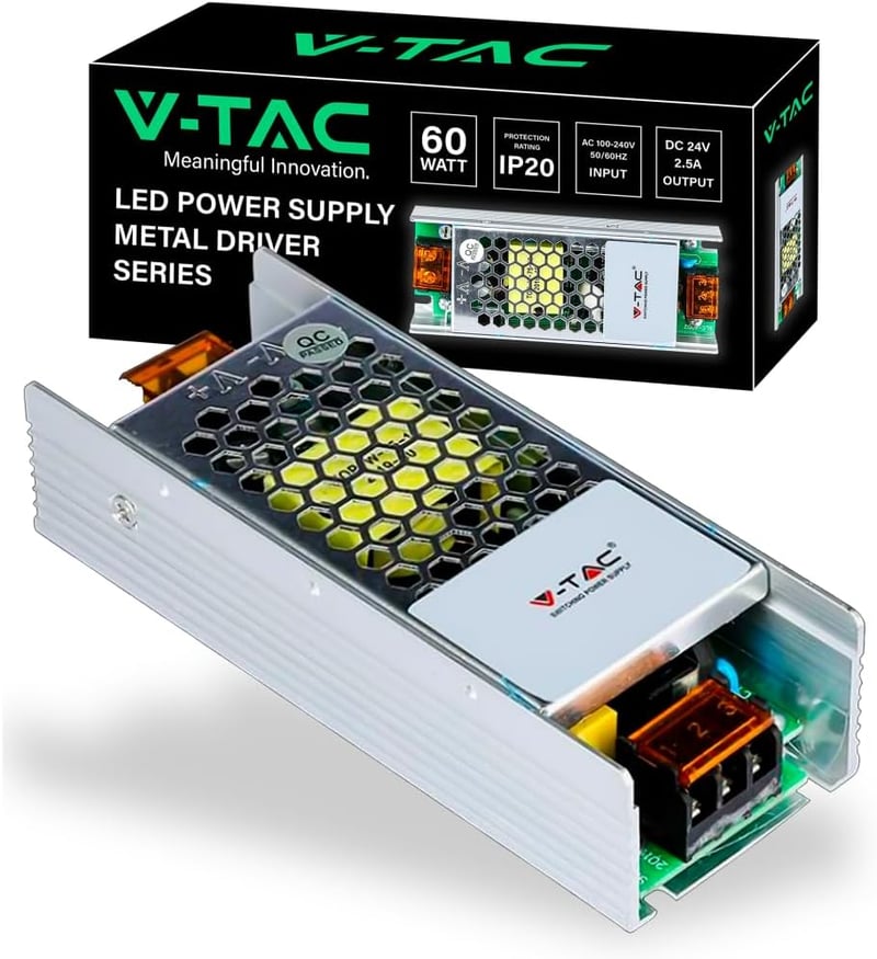 V-TAC 60W 24V Slim Tápegység Fém Házban IP20 Csavaros Csatlakozóval