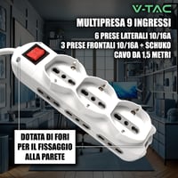 Multipriză V-TAC cu 9 posturi, întrerupător și cablu de 1,5 m – 6 prize laterale și 3 frontale 10/16A Bipasso Schuko – Pentru acasă, birou și magazin 4