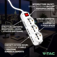 Multipriză V-TAC cu 9 posturi, întrerupător și cablu de 1,5 m – 6 prize laterale și 3 frontale 10/16A Bipasso Schuko – Pentru acasă, birou și magazin 3