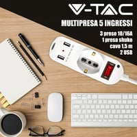 V-TAC elosztó 3 aljzat + 2 USB kapcsolóval, 10/16A Bipasso/Schuko - fehér 2