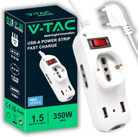 V-TAC elosztó 3 aljzat + 2 USB kapcsolóval, 10/16A Bipasso/Schuko - fehér 1