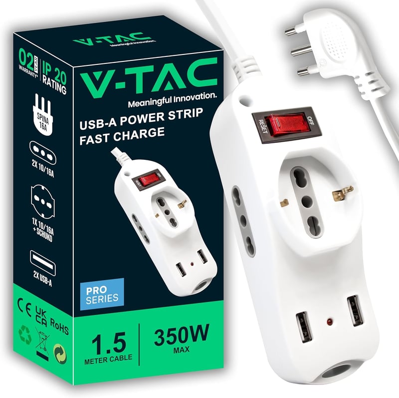 V-TAC elosztó 3 aljzat + 2 USB kapcsolóval, 10/16A Bipasso/Schuko - fehér
