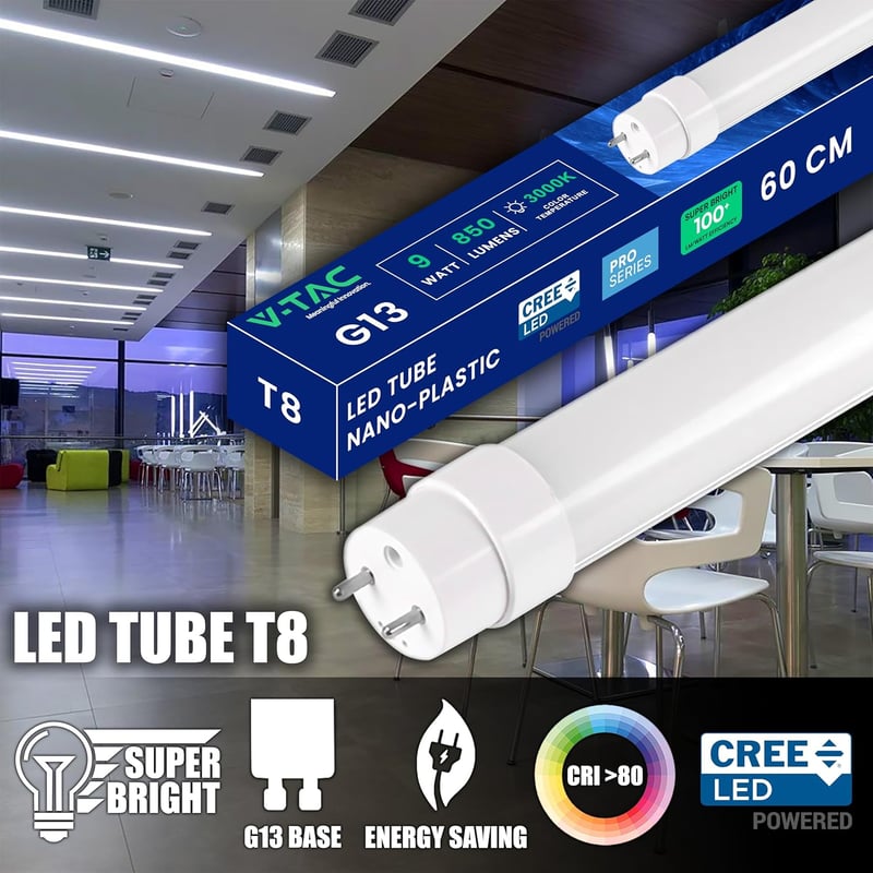 V-TAC LED Fénycső T8 60cm 9W Meleg Fehér 3000K 2db Neoncsere - Warm White
