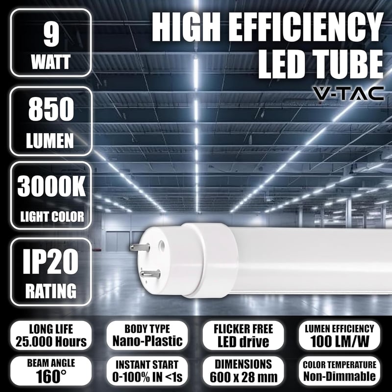 V-TAC LED Fénycső T8 60cm 9W Meleg Fehér 3000K 2db Neoncsere - Warm White