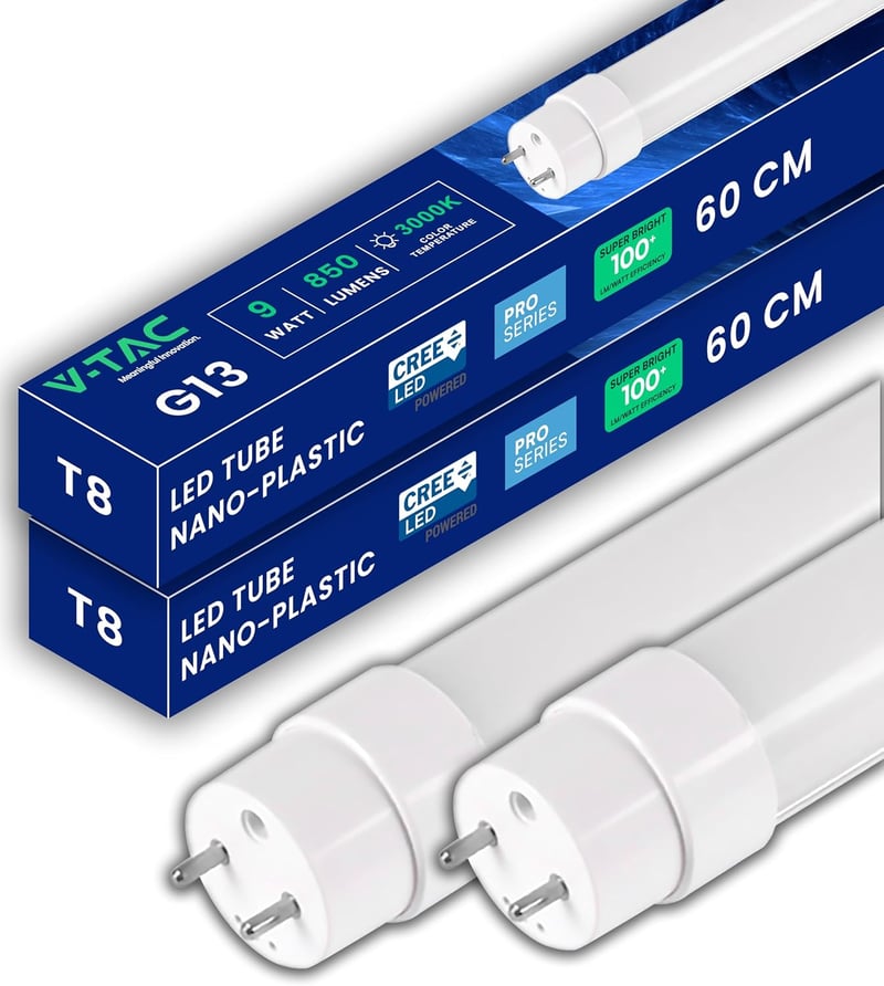 V-TAC LED Fénycső T8 60cm 9W Meleg Fehér 3000K 2db Neoncsere - Warm White