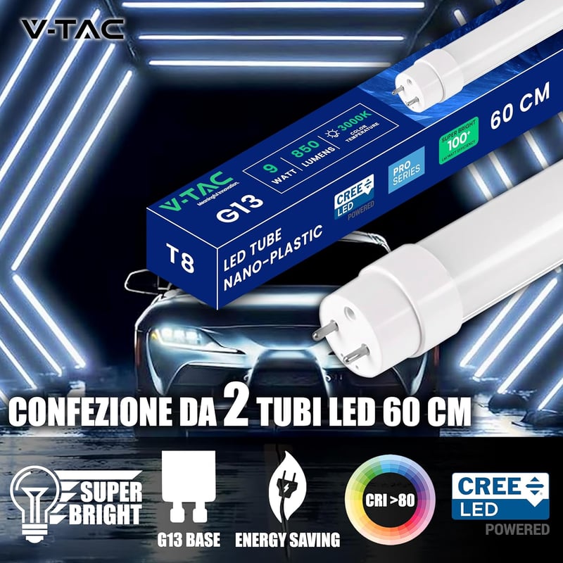 V-TAC LED Fénycső T8 60cm 9W Meleg Fehér 3000K 2db Neoncsere - Warm White