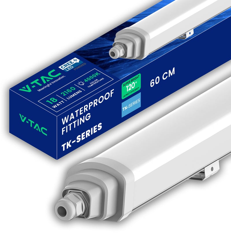 Lampă LED etanșă V-TAC Seria TK, CREE, 60 cm, IP65, 18W, 2160 lumeni, alb neutru 4000K, corp de iluminat LED pentru garaj, depozit, tavan și perete