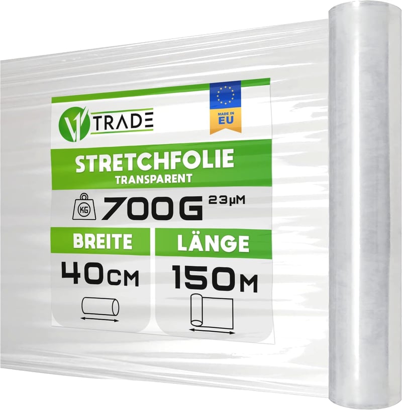 V1 TRADE Átlátszó kézi nyújtható fólia tekercs 40 cm széles 100 m hosszú 23 mµ csomagoló és költöztető fólia bútorrögzítéshez