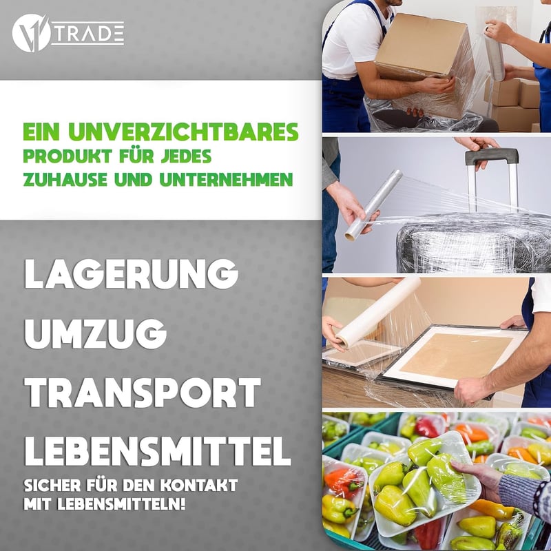 V1 TRADE Átlátszó kézi nyújtható fólia tekercs 40 cm széles 100 m hosszú 23 mµ csomagoló és költöztető fólia bútorrögzítéshez