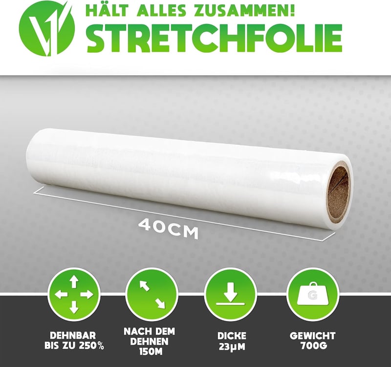 V1 TRADE Átlátszó kézi nyújtható fólia tekercs 40 cm széles 100 m hosszú 23 mµ csomagoló és költöztető fólia bútorrögzítéshez