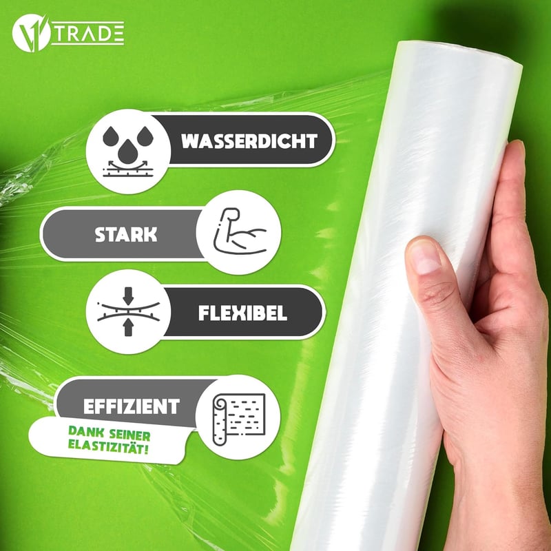 V1 TRADE Átlátszó kézi nyújtható fólia tekercs 40 cm széles 100 m hosszú 23 mµ csomagoló és költöztető fólia bútorrögzítéshez