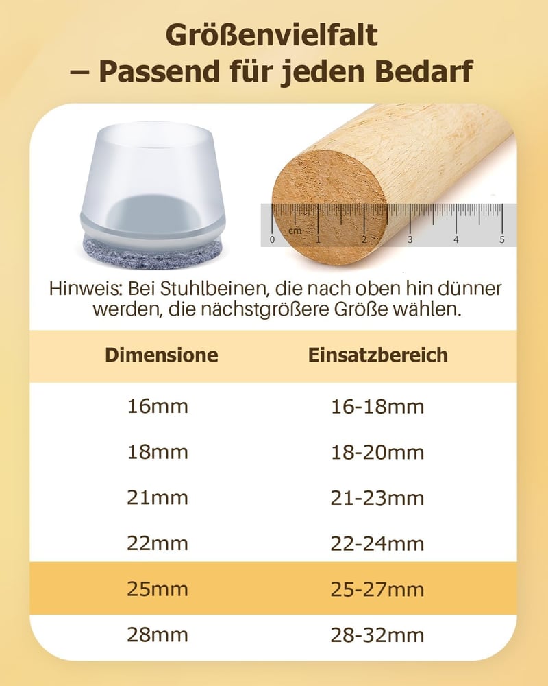 VABNEER 25-27mm szilikon szék lábvédő sapka 16db, kerek, filc betéttel