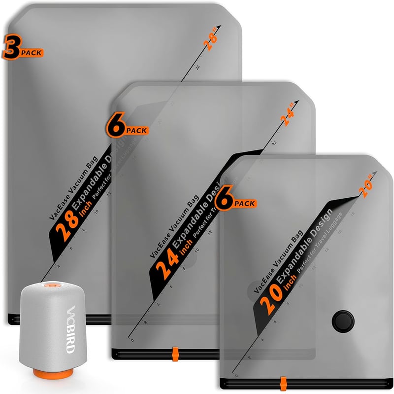 Set 15 saci de vidat pentru depozitarea hainelor cu pompă pentru aspirator fără fir Vacbird, 6x40x54, 6x47x64, 3x54x74 cm, pentru troler și călătorii