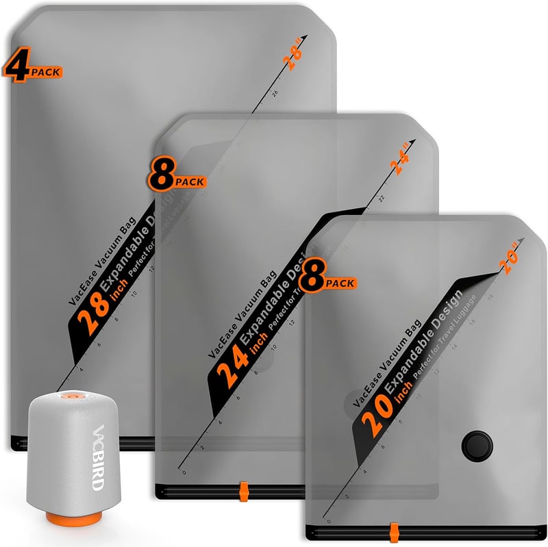 Set de 20 saci de vidat pentru haine cu pompă de vid wireless Vacbird, 8x40x54 cm, 8x47x64 cm, 4x54x74 cm, pentru călătorii și valiză